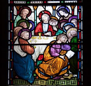 Stained glass window of Jesus and the 12 Apostles